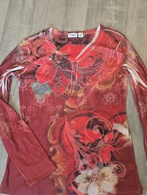 Cato Red Floral Scroll Top Rhinestone Detail Long Sleeve Size S Y2K Boho
